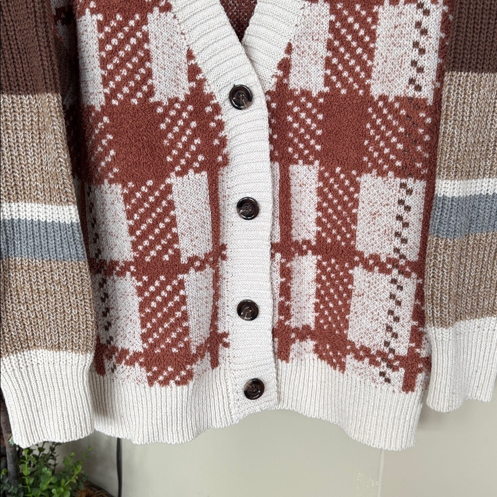 Love Riche Cozy Chic Mixed Knitted Rust Oversized Cardigan Button Down Plaid - Picture 3 of 12